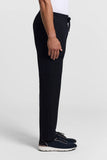 Dark blue jersey cargo trousers with an elasticated drawstring waist and a flat side cargo pocket.