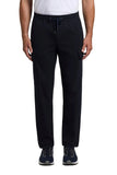 Dark blue men's jersey cargo trousers with an elasticated drawstring waistband and side flap pockets, straight leg.