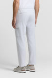 Light grey jersey cargo trousers with an elasticated waist, one back welt pocket, and two flap cargo pockets on the thighs.