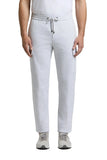 Light grey jersey trousers with an elastic drawstring waist, dark-toned tips, a vertical slit pocket, and a flat cargo pocket