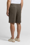Brown linen canvas jogger Bermuda shorts with an elasticated waistband and two back welt pockets.
