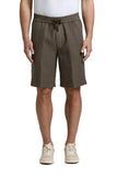 Dark brown men's linen canvas jogger Bermuda shorts with an elasticated waistband and drawstring.