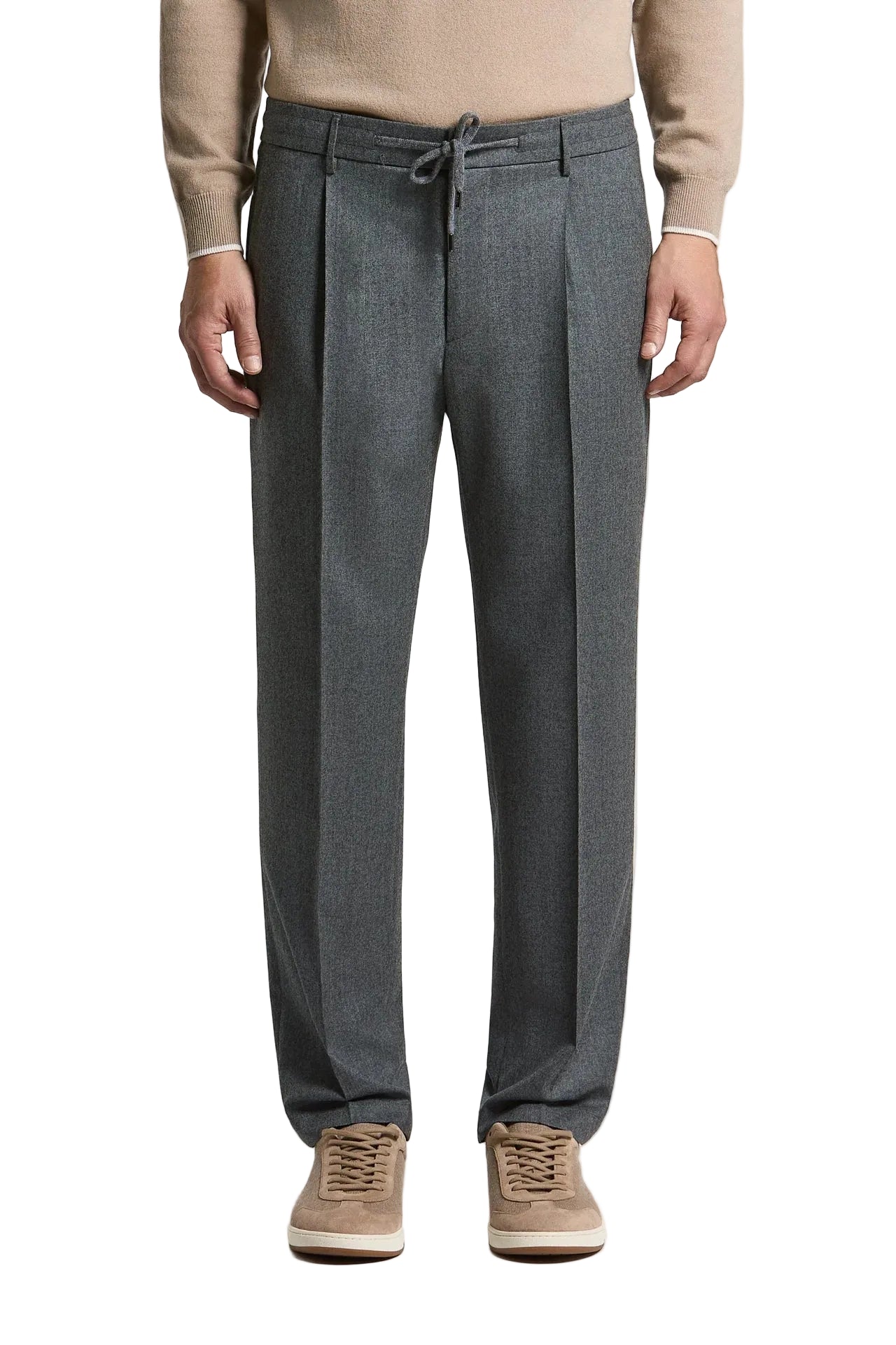 Carbon grey men's pleated trousers with a drawstring waist, belt loops, and straight leg.