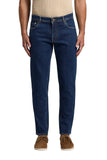 Dark blue slim fit cotton twill jeans with five pockets, belt loops, and contrast stitching.