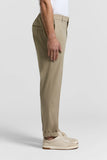 Beige cotton poplin jogger trousers with an elasticated back waist, flat front, side pockets, a back welt pocket, and cuffed