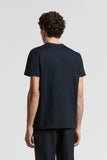 Dark blue pure cotton crewneck T-shirt with short sleeves, plain back.