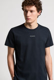 Dark blue pure cotton crewneck T-shirt with short sleeves and 'PESERICO' printed in white on the chest.