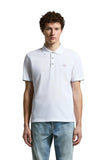 White piquet polo shirt with short sleeves, a ribbed collar, three light brown buttons, and a small embroidered logo on the l