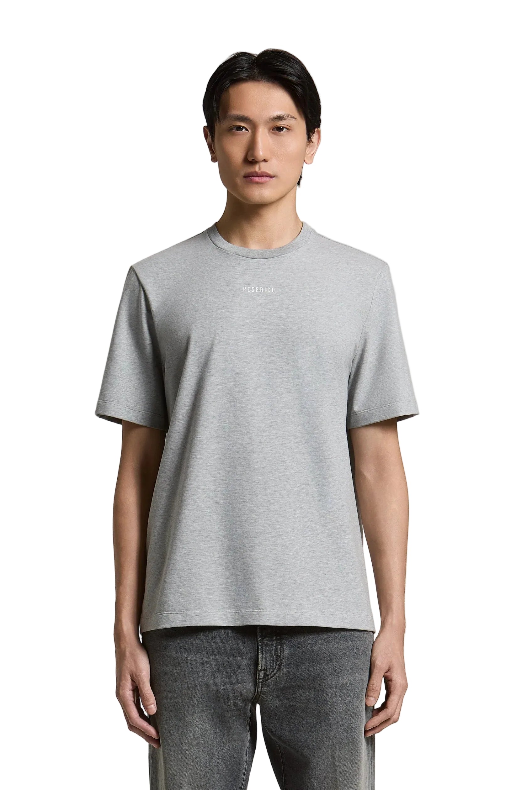 Carbon grey short-sleeved crew neck t-shirt with small white 'PESERICO' text on the chest.