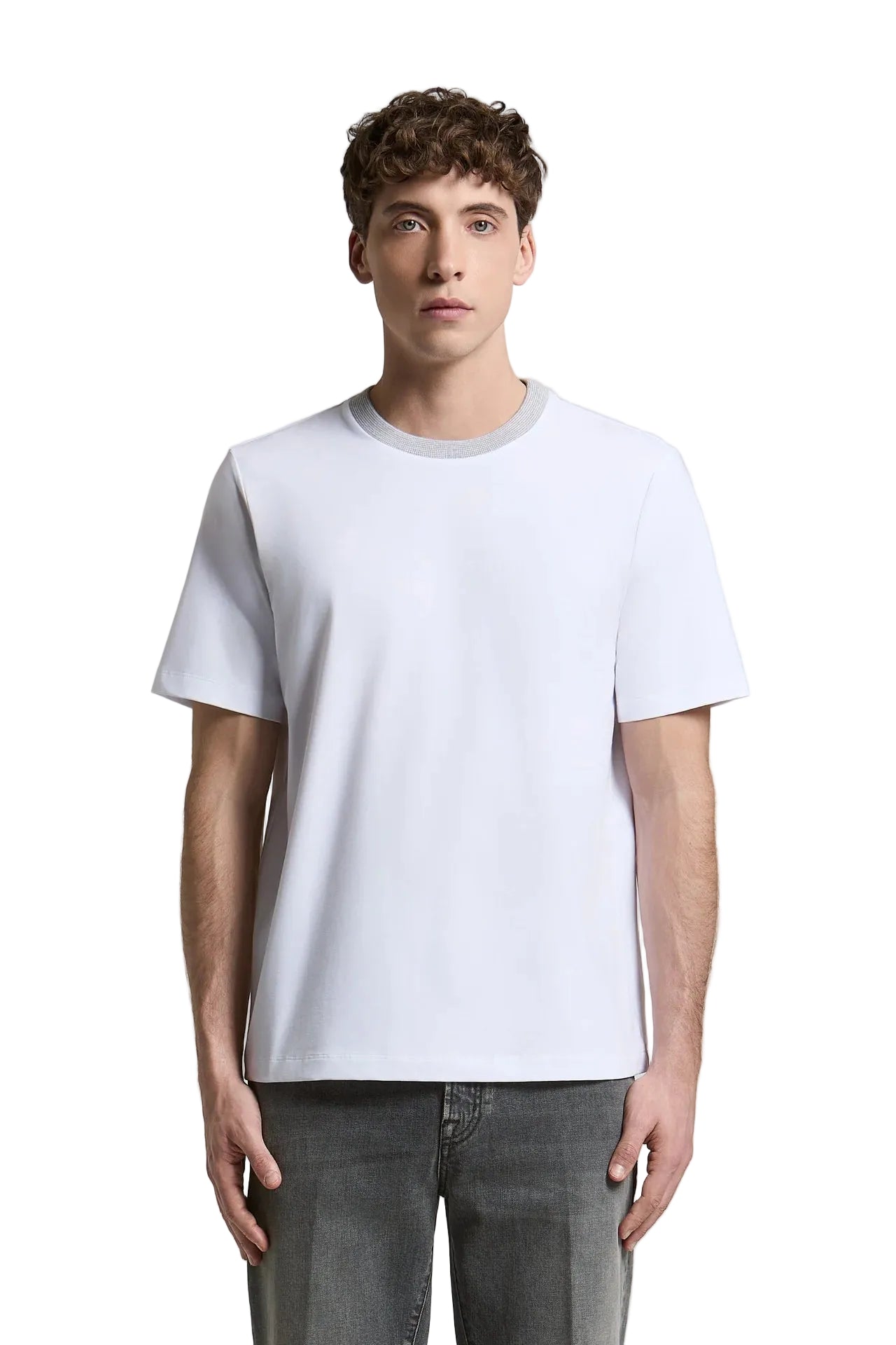 Natural white short-sleeved T-shirt with a grey ribbed crew neck and straight hem.