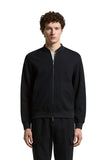 Black cotton jersey bomber-style sweatshirt with a ribbed collar, full zip front, and two front patch pockets.