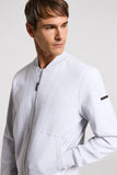 Light grey cotton jersey bomber sweatshirt with full-zip front, ribbed collar, cuffs, hem, two front patch pockets, and a dar