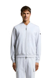 Light heather grey cotton jersey bomber sweatshirt with full-zip, two front patch pockets, ribbed cuffs and hem, dark patch o
