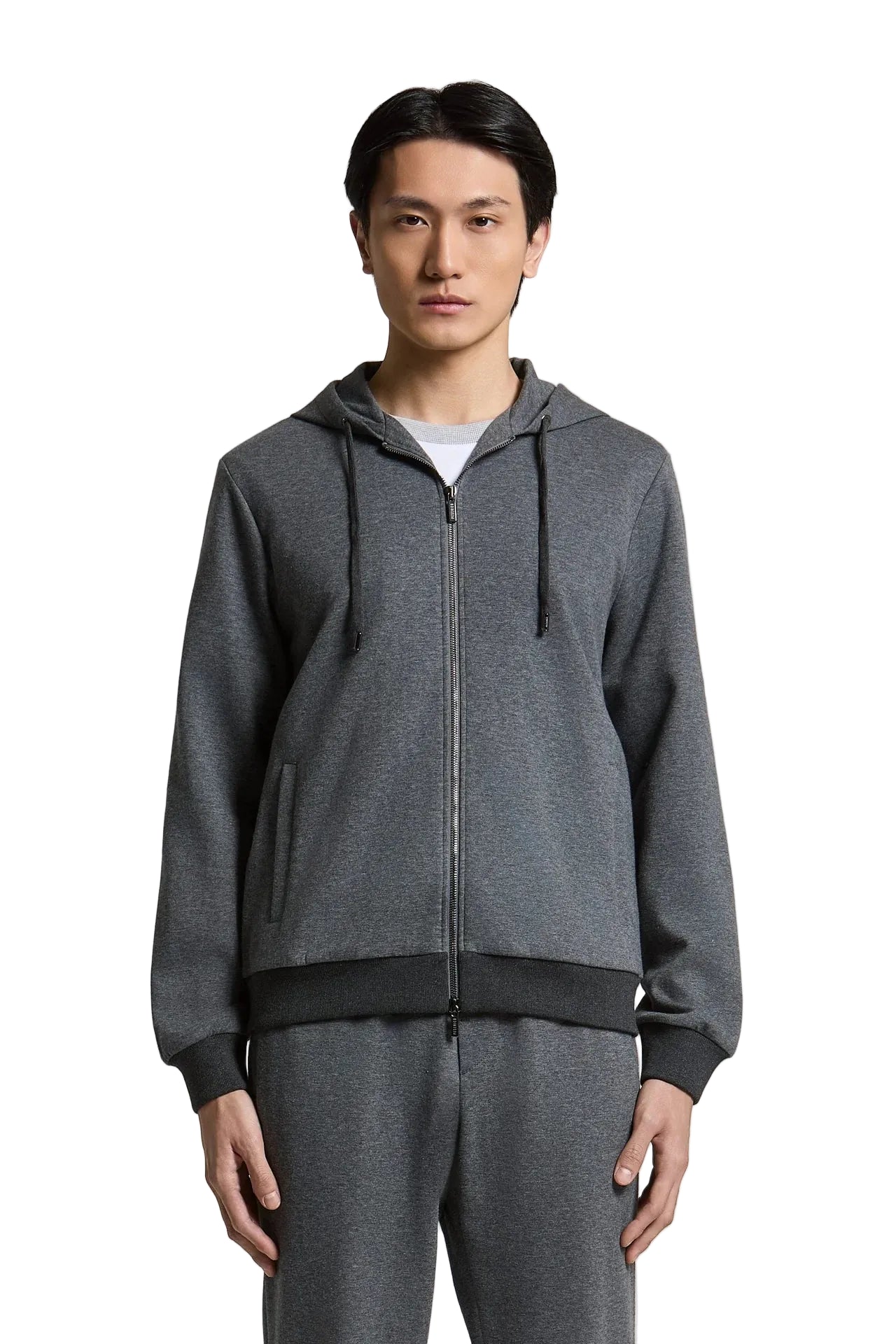 Galaxy blue men's full-zip hooded sweater with dark drawstrings, ribbed cuffs, and hem, and front welt pockets.