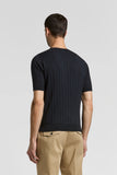 Dark blue cotton-silk blend short-sleeved T-shirt with vertical ribbed knit texture, crew neck, ribbed cuffs, and ribbed hem.
