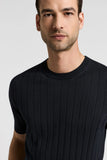 Dark blue cotton-silk blend T-shirt with vertical ribbing, short sleeves, and a ribbed crew neck.
