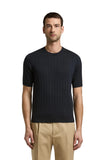 Dark blue men's cotton-silk blend short-sleeve ribbed knit top with crew neck and ribbed hem.