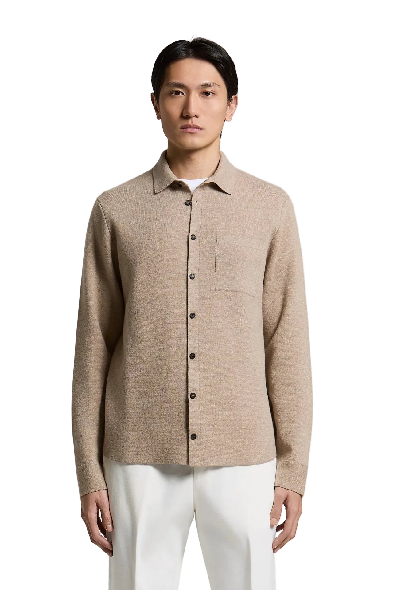 Men's earth beige long-sleeved knit shirt with classic collar, full button-front, and a single chest pocket.