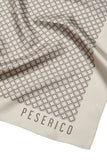 Beige silk scarf with a repeating pattern of dark brown quatrefoils in circles, and a 'PESERICO' logo on the border.