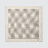 Square beige silk scarf with a repeating grey geometric quatrefoil pattern and PESERICO logo in the corner.