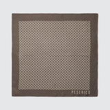 Square dark beige silk scarf with a repeating pattern of light beige geometric circles. Solid dark beige border with 'PESERIC