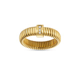 Gold-toned tubogas ring with a ribbed band and a rectangular plaque featuring three clear round stones.
