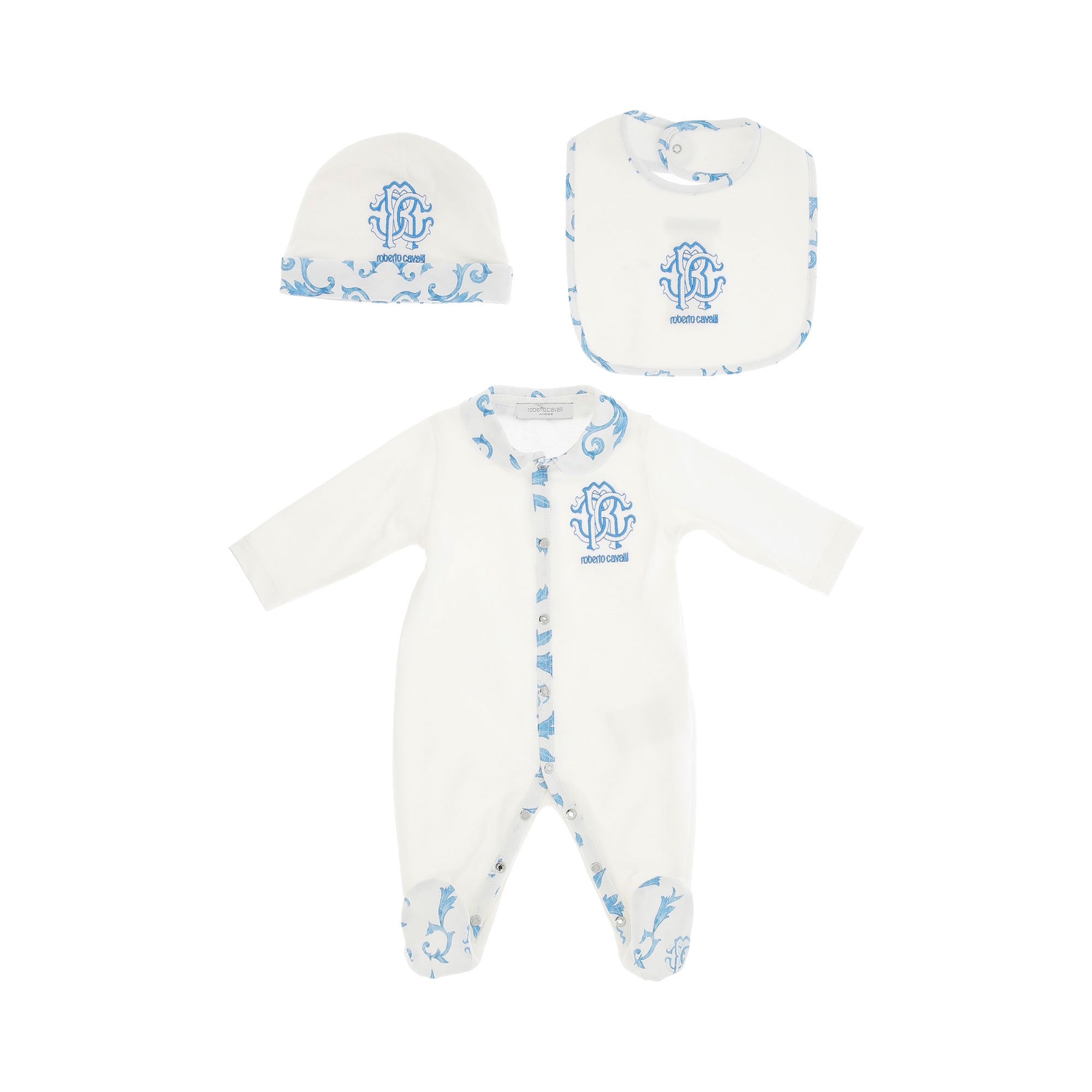 Roberto Cavalli Kids New Born Baby Blue Sleepsuit Set | New Born | New Born Babysuits | New Born Boy (0M - 9M) | New Born Boy Babysuits | new-season-2025 | Set Sleepsuit | Set Sleepsuit & Hat | Sleepsuit Set