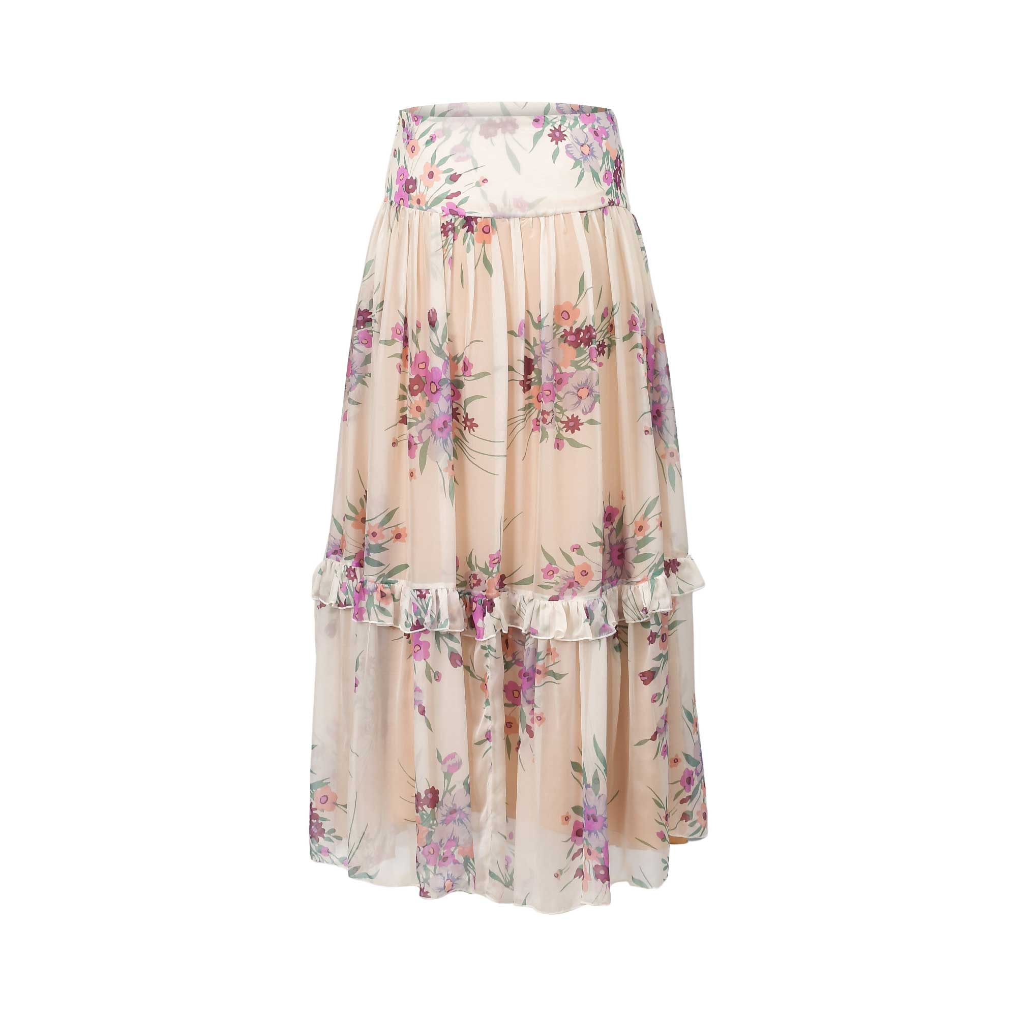 Light beige maxi skirt with a wide waistband, covered in lilac and pink floral print, and a ruffled tier.