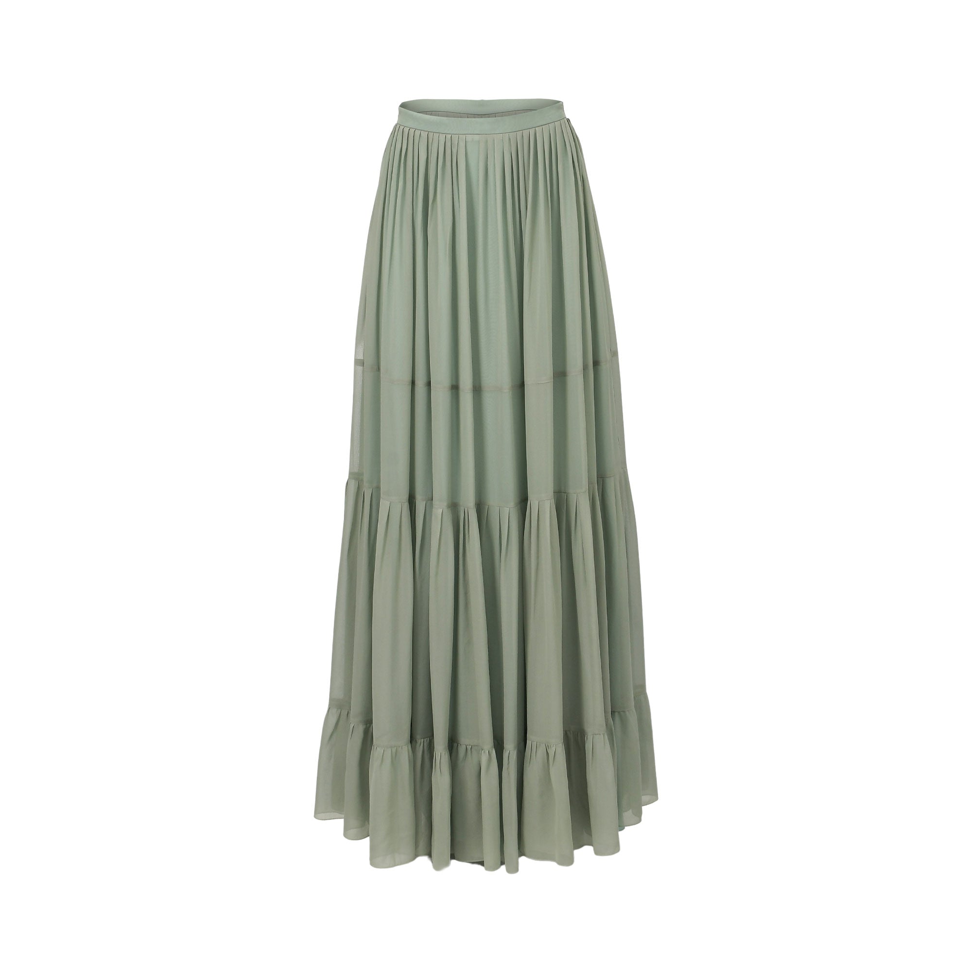 Sage green tiered maxi skirt with a gathered waistband and ruffled tiers.