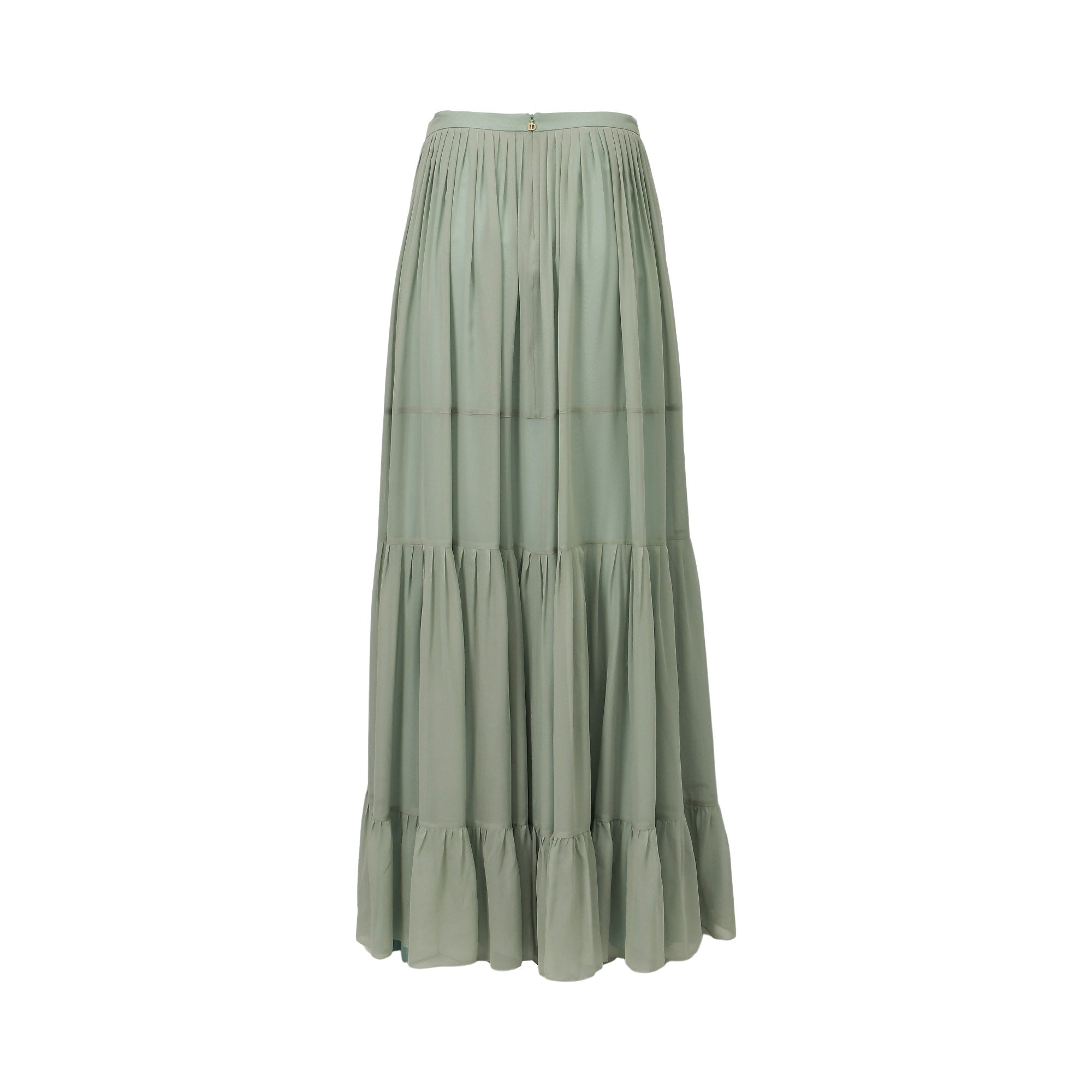 Sage green maxi skirt with a gathered waist, gold-toned button, two horizontal seams, and a ruffled tiered hem.