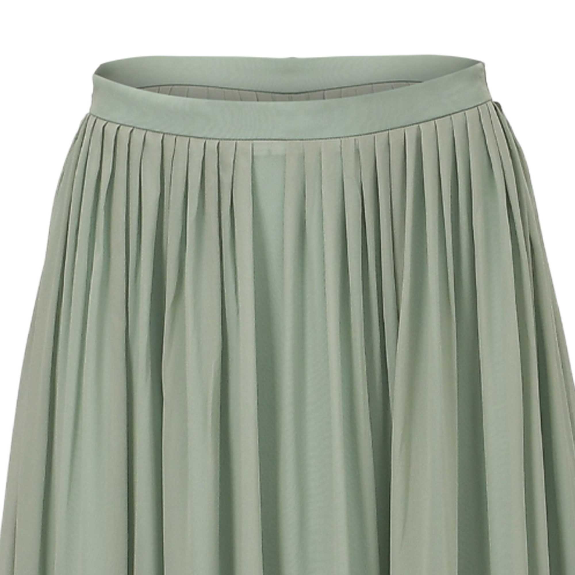Sage green pleated skirt with a smooth waistband and fine, vertical pleats.
