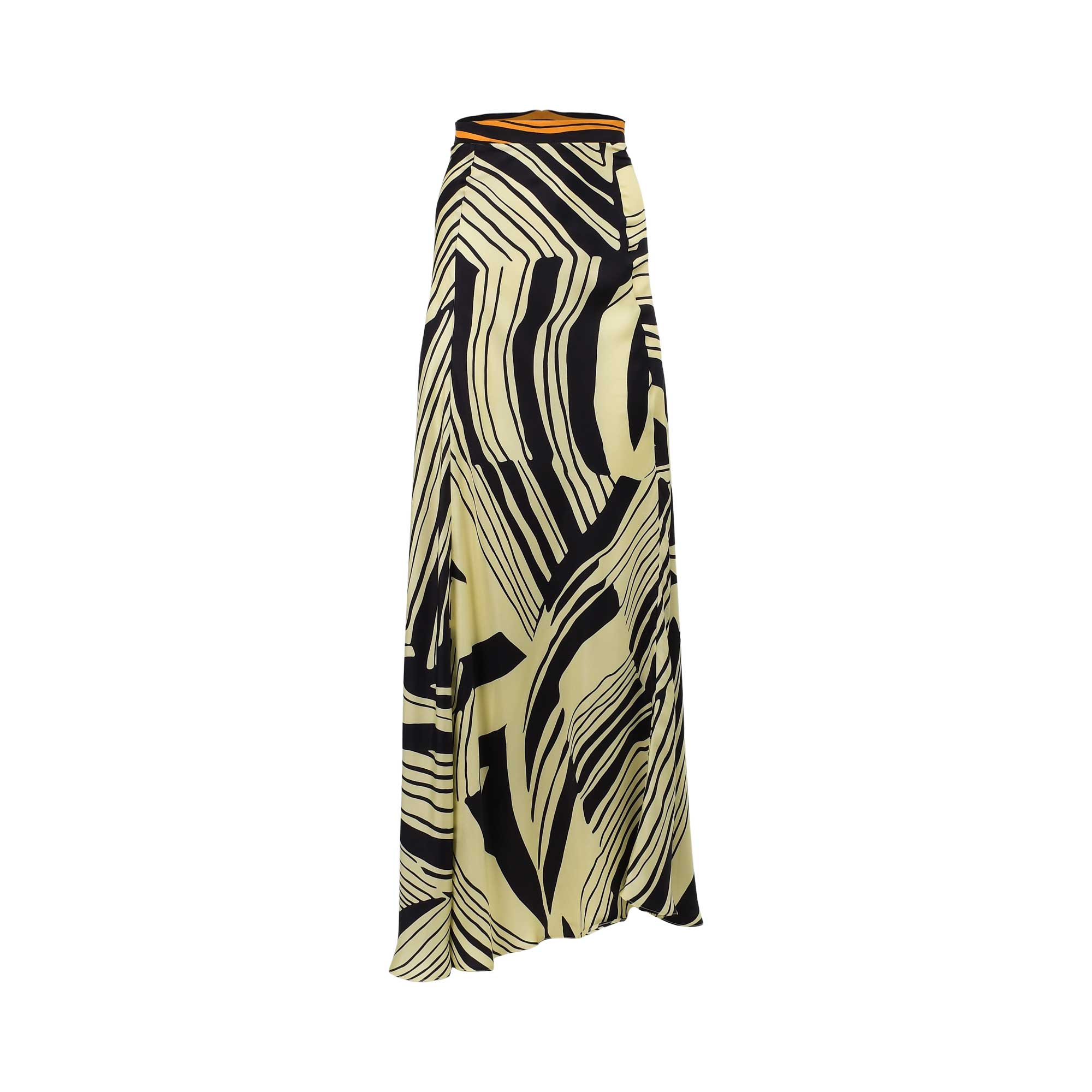 Ivory and black abstract striped maxi skirt with an orange elasticated waistband and asymmetrical hem.