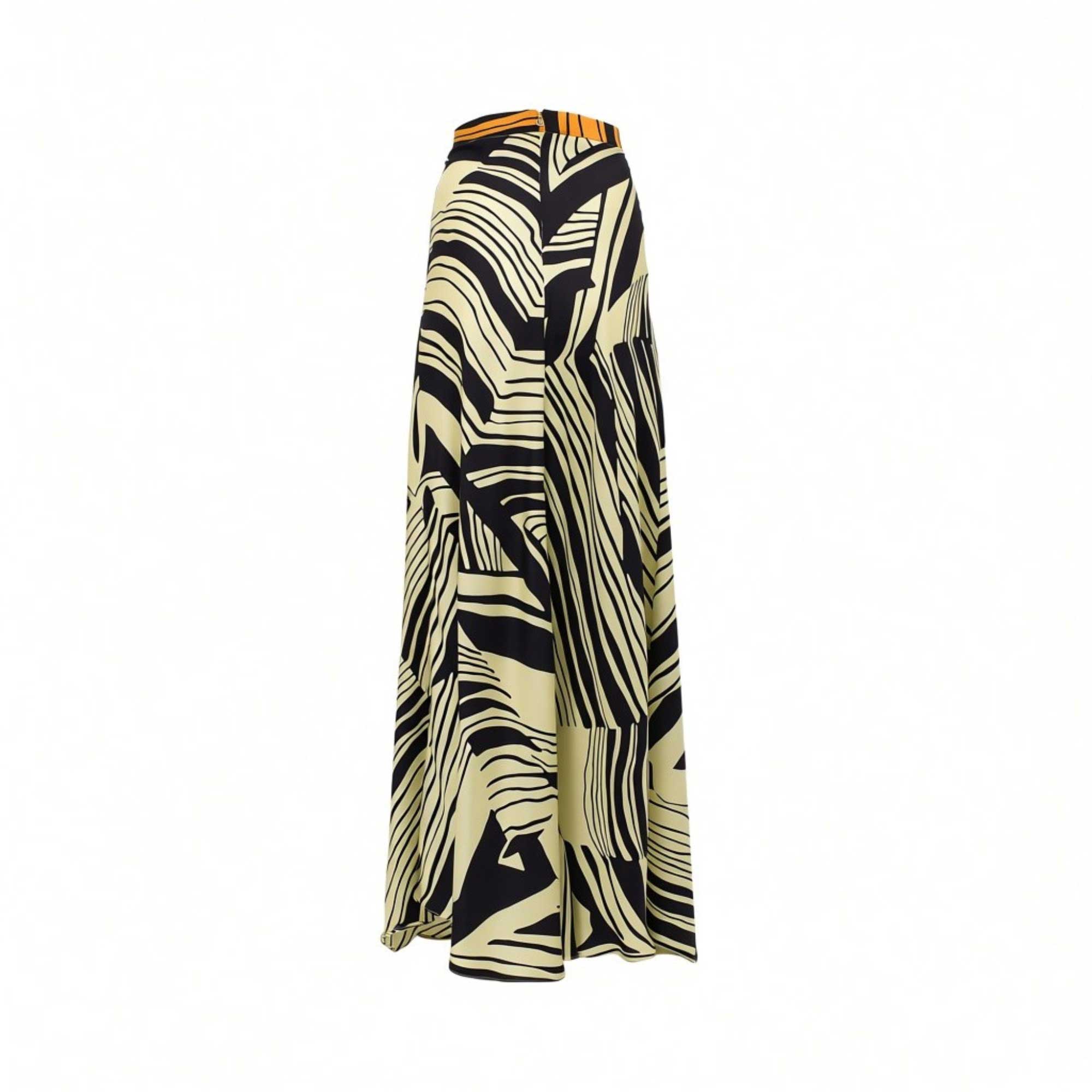Long ivory and black abstract patterned skirt with a solid tangerine waistband.