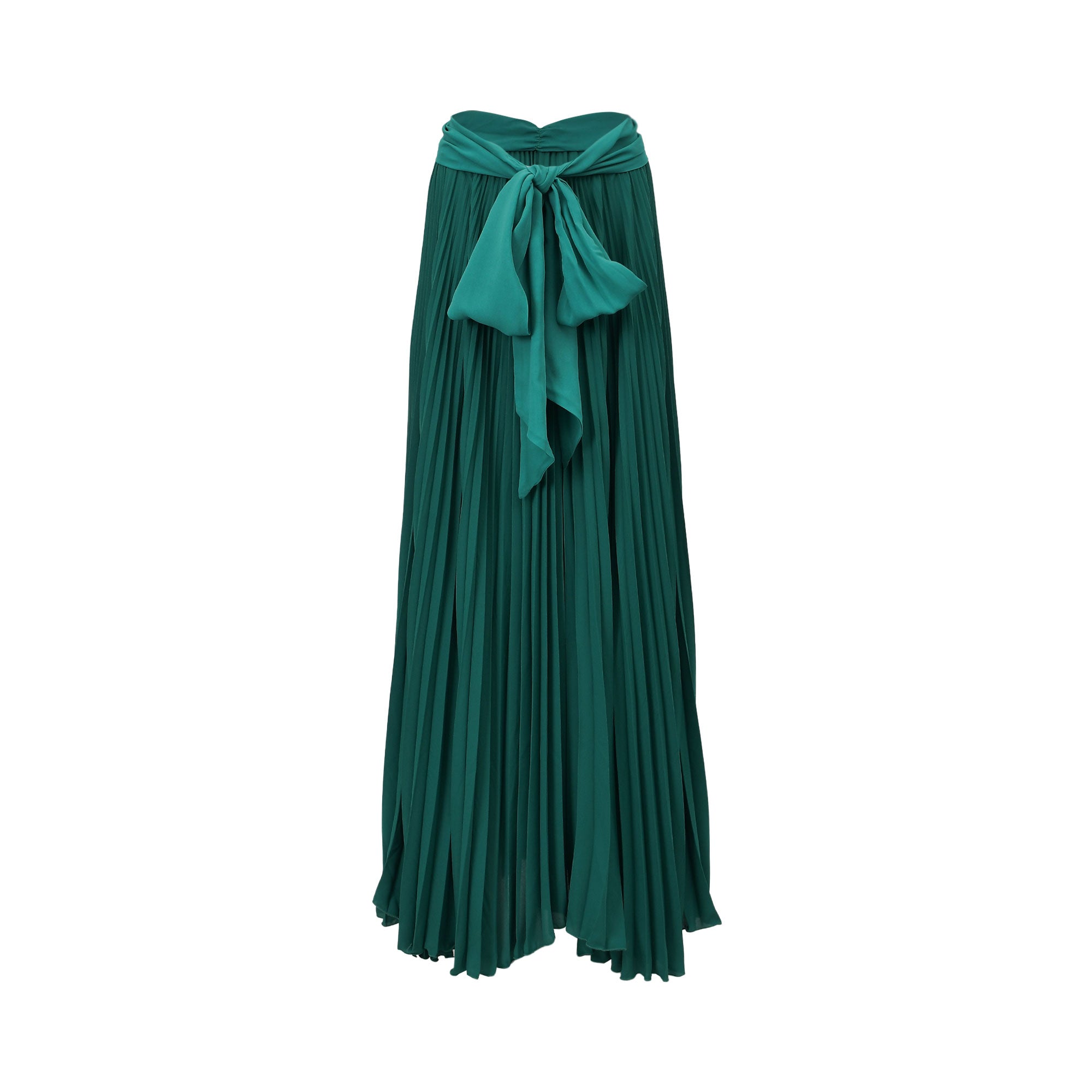 Green pleated maxi skirt with a wide waistband tied in a bow at the front.