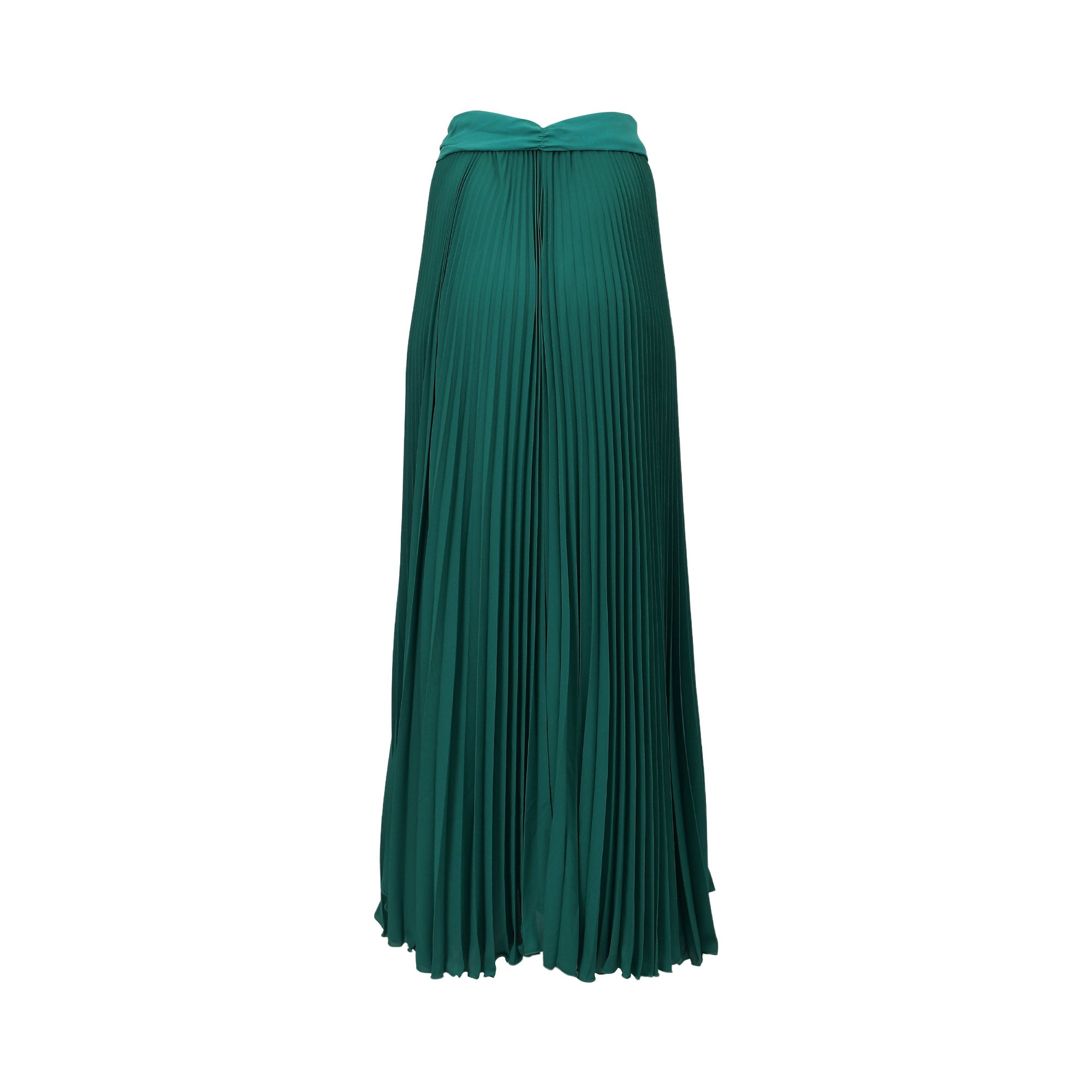 Long green pleated maxi skirt with a wide, twisted waistband and fine vertical pleats.