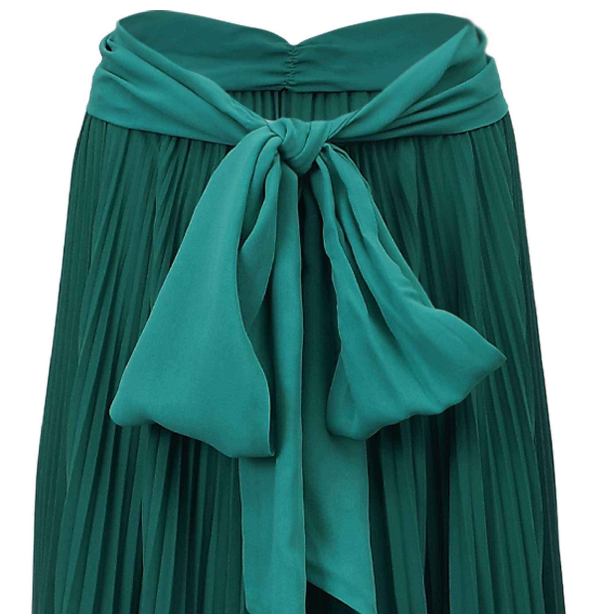 Deep green pleated skirt with a wide, teal green fabric tie knotted at the front, with ends hanging down.