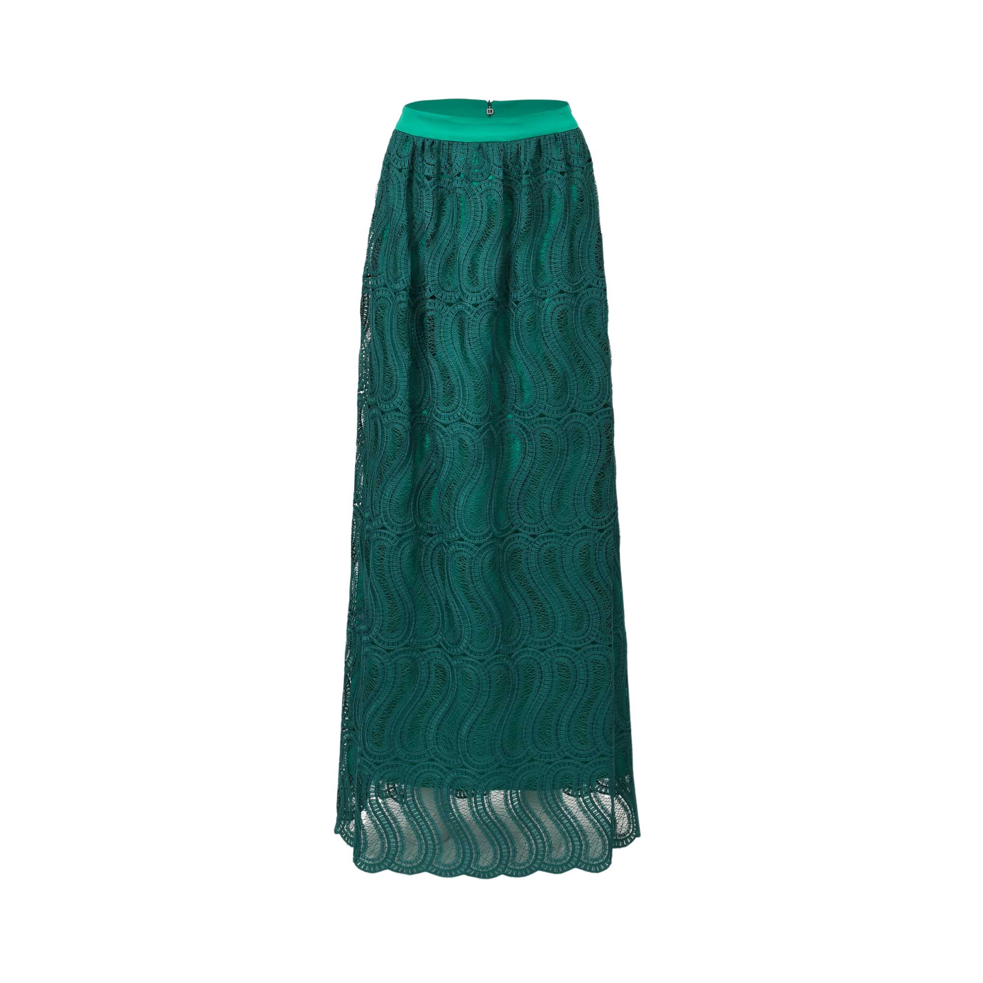 Green maxi skirt crafted from lace fabric with a wavy pattern, solid lining, wide waistband, and scalloped hem.