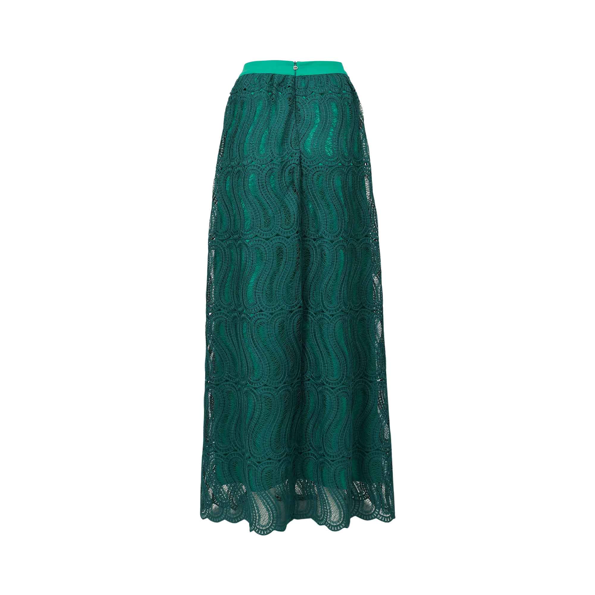 Dark green lace maxi skirt with a bright green waistband and green lining. It has a wavy pattern, scalloped hem, and back clo
