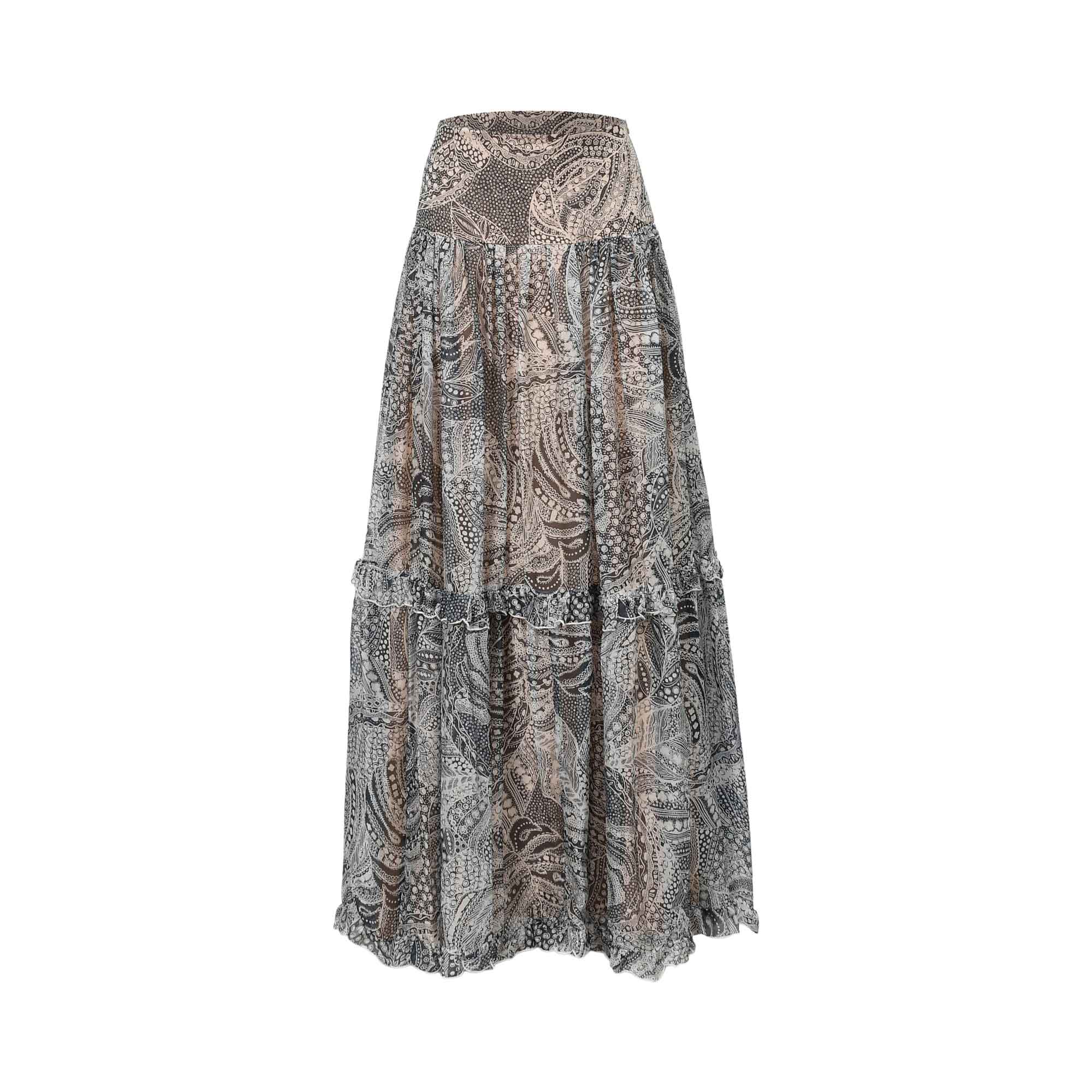 Multi blue and brown patterned tiered maxi skirt with a ruffled detail and gathered hem.