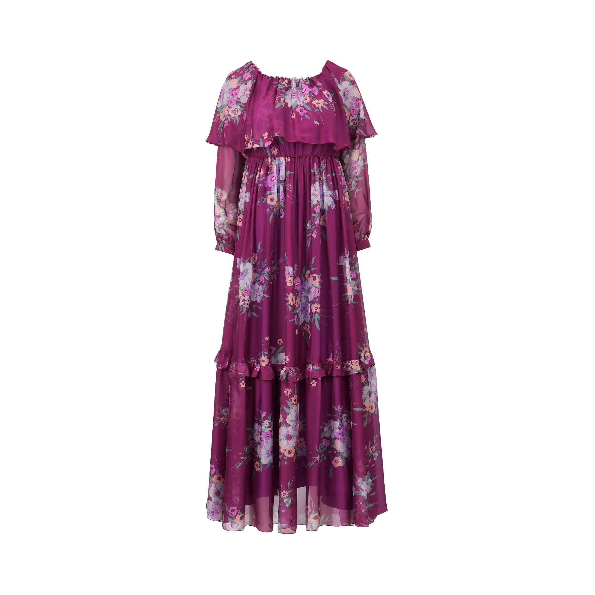 Fuchsia floral print maxi dress with a gathered neckline, ruffle overlay, elasticated waist, and tiered skirt.