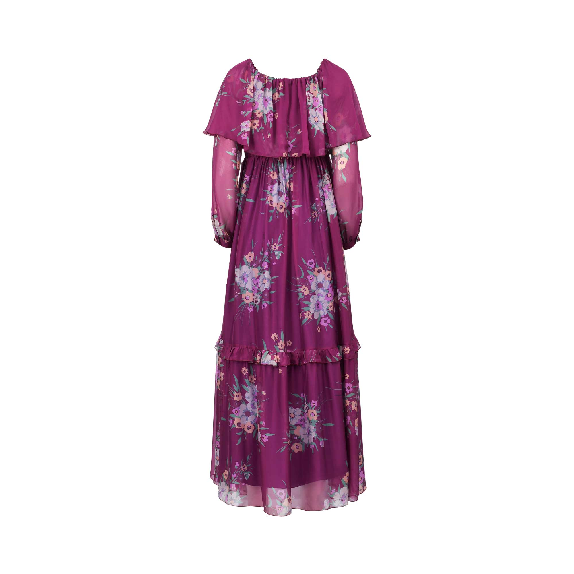 Fuchsia floral maxi dress with a gathered neckline, ruffled overlay, sheer long sleeves, and a tiered skirt with ruffles.