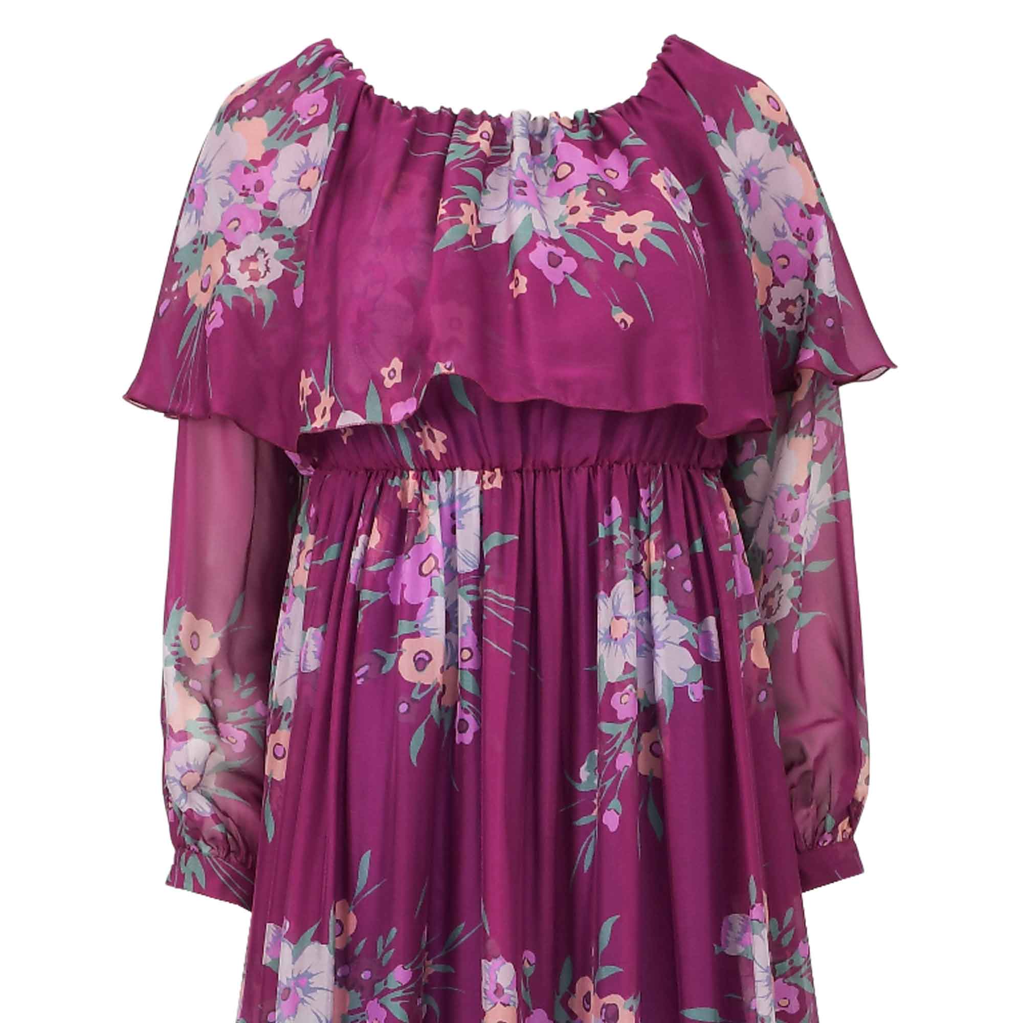 Fuchsia floral maxi dress with an off-the-shoulder ruffled bodice, long sheer sleeves with elastic cuffs, and a pleated skirt