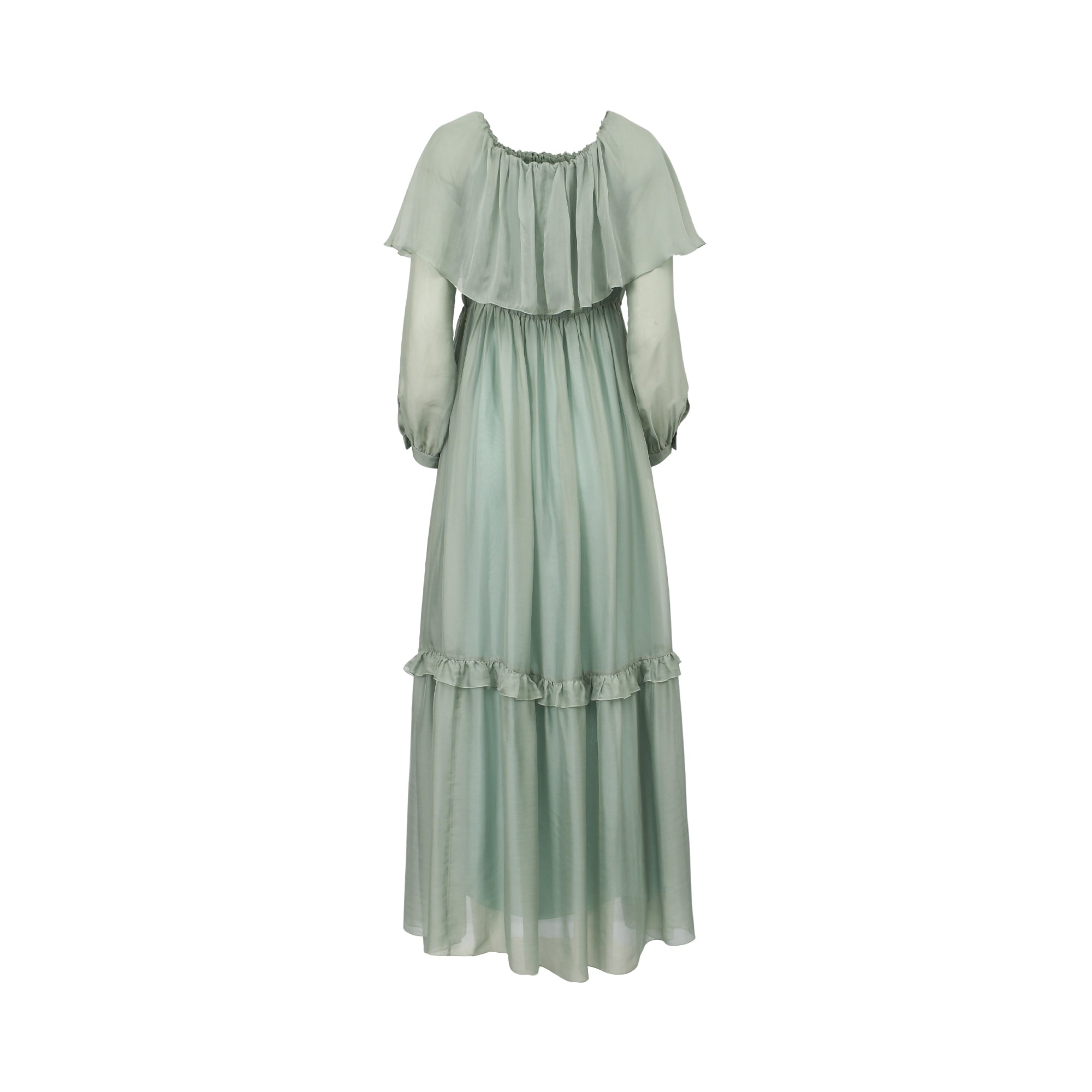 Sage green maxi dress with an elasticized off-shoulder neckline, ruffled capelet, long sheer sleeves, and a tiered skirt with