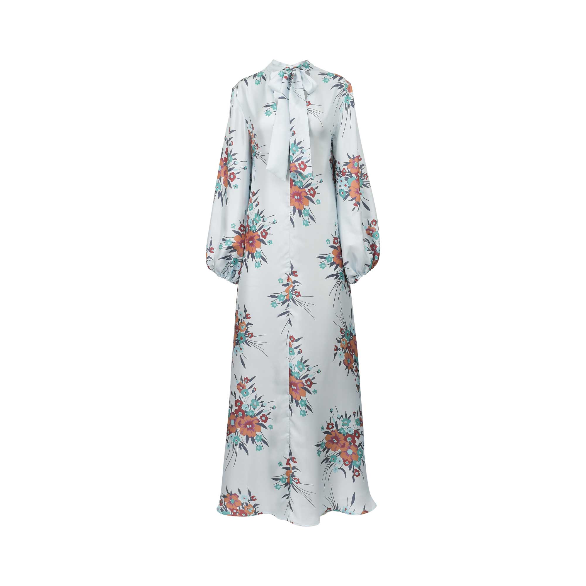 Light blue kaftan with orange and teal floral pattern, high neck with a self-tie bow, and long balloon sleeves.