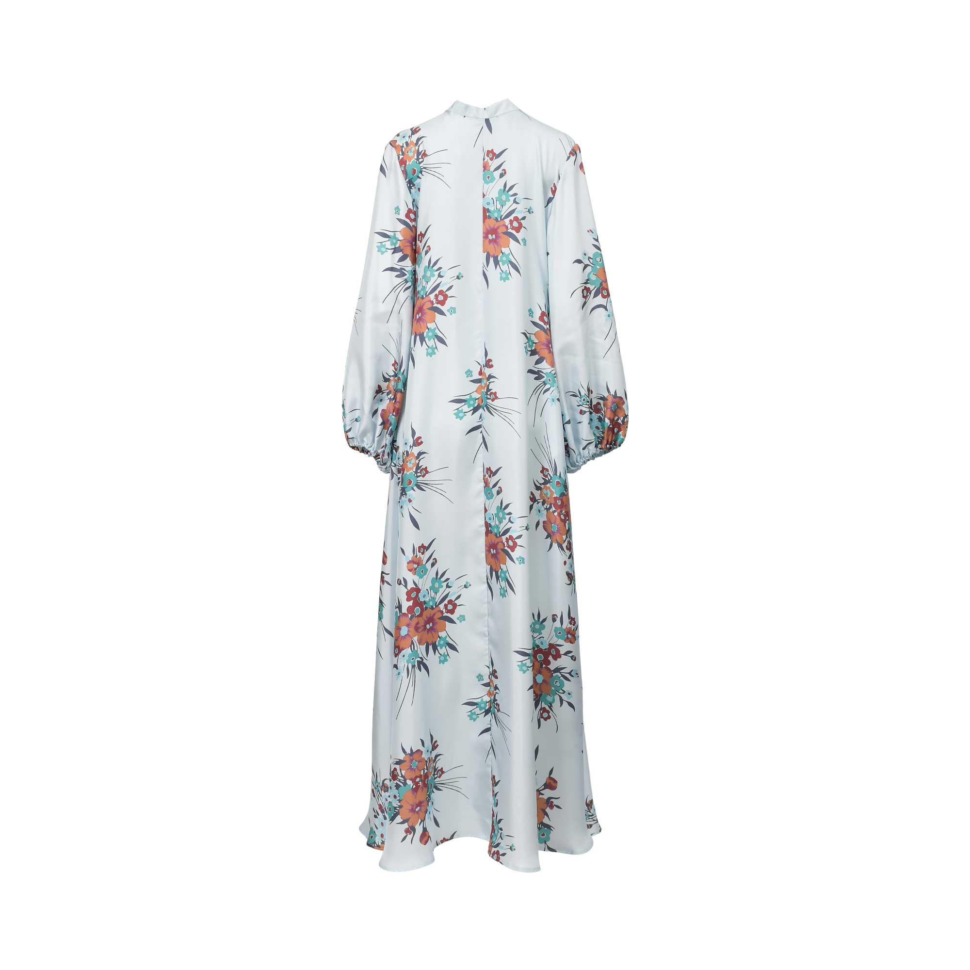 Light blue kaftan with a high neck, long voluminous sleeves, and an all-over floral pattern in orange, red, and teal.