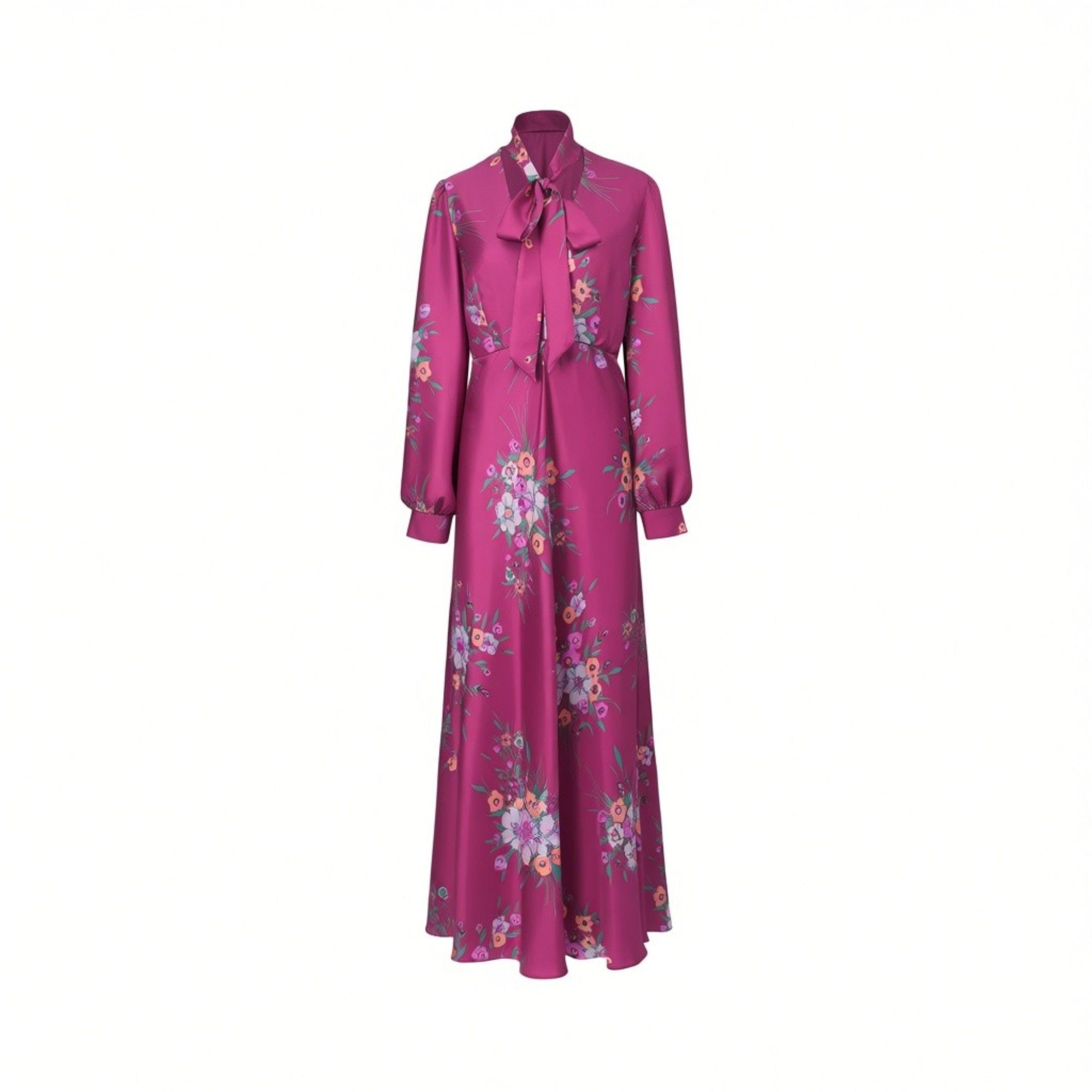 Fuchsia long-sleeved maxi dress with a pussy-bow neckline and an all-over multi-coloured floral print.