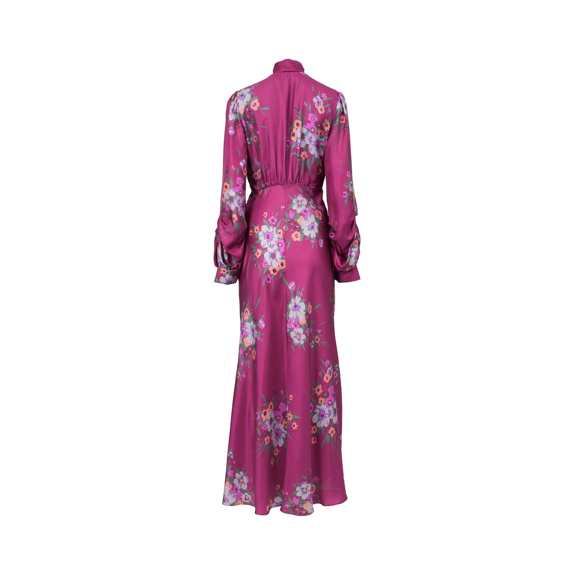 Fuchsia maxi dress with a high neck, long ruched sleeves with cuffs, and a gathered waist, featuring a multi-colored floral p