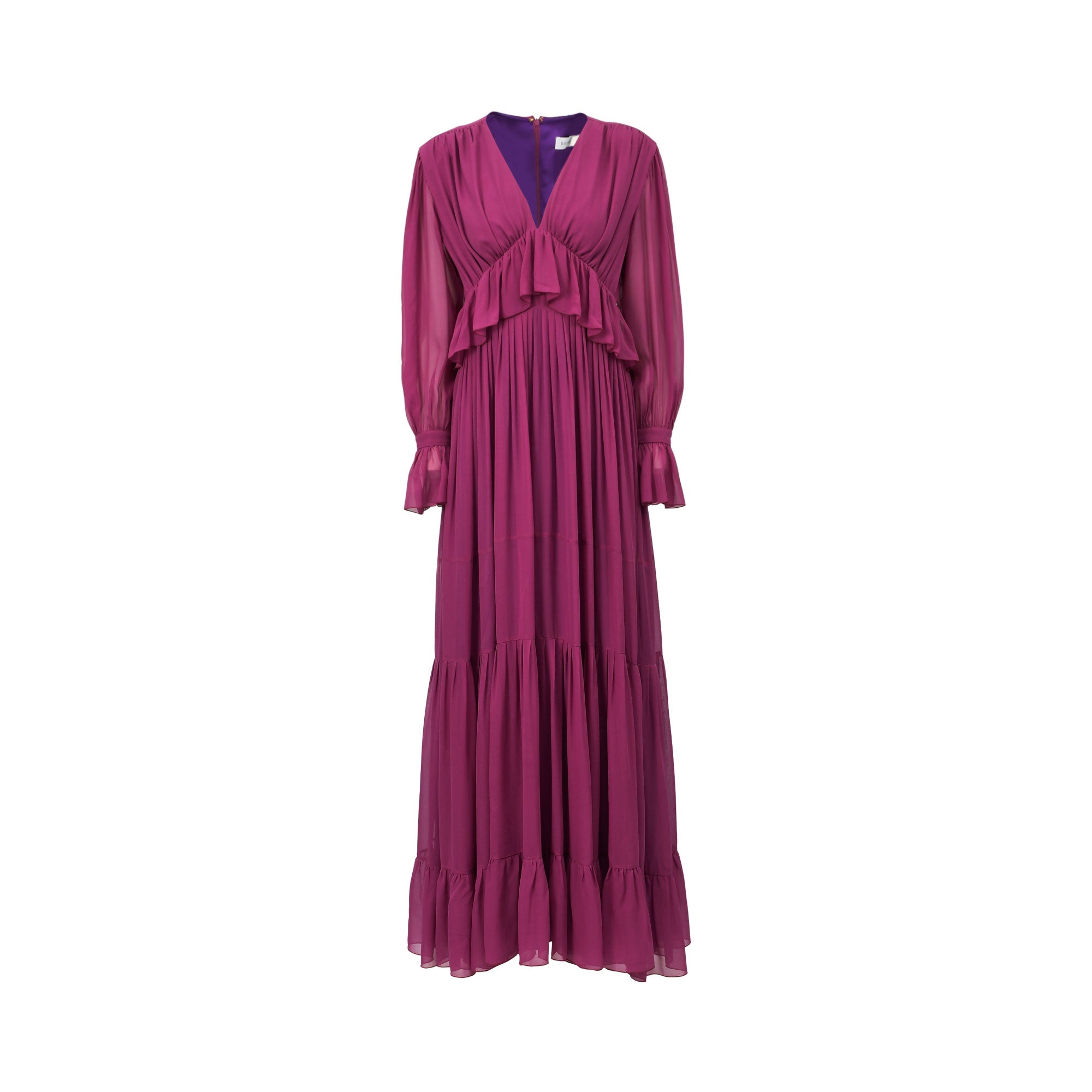 Fuchsia V-neck long-sleeved maxi dress with ruffled bodice and tiered skirt, featuring elasticated cuffs.