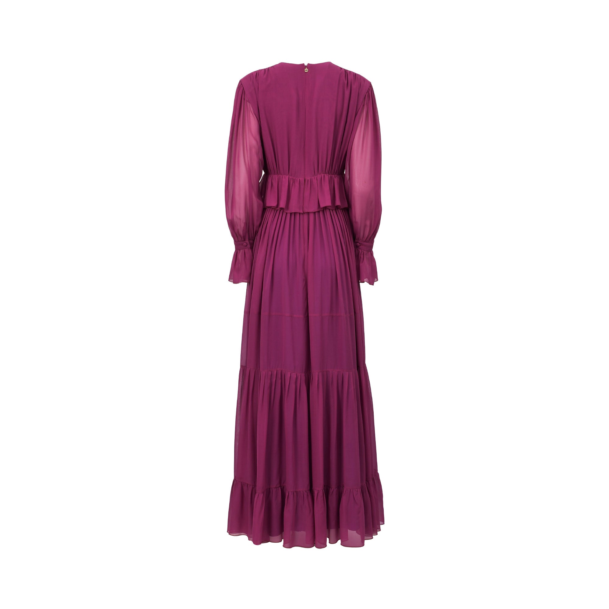 Fuchsia maxi dress with sheer long sleeves, ruffled cuffs, a gathered peplum waist, and a tiered skirt. Gold-toned button at