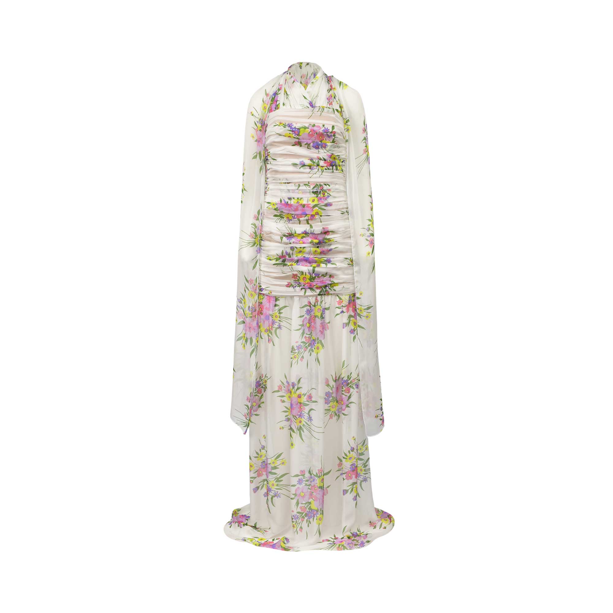 Light cream maxi dress with a halter neck, ruched bodice, and a vibrant pink, purple, and yellow floral pattern.